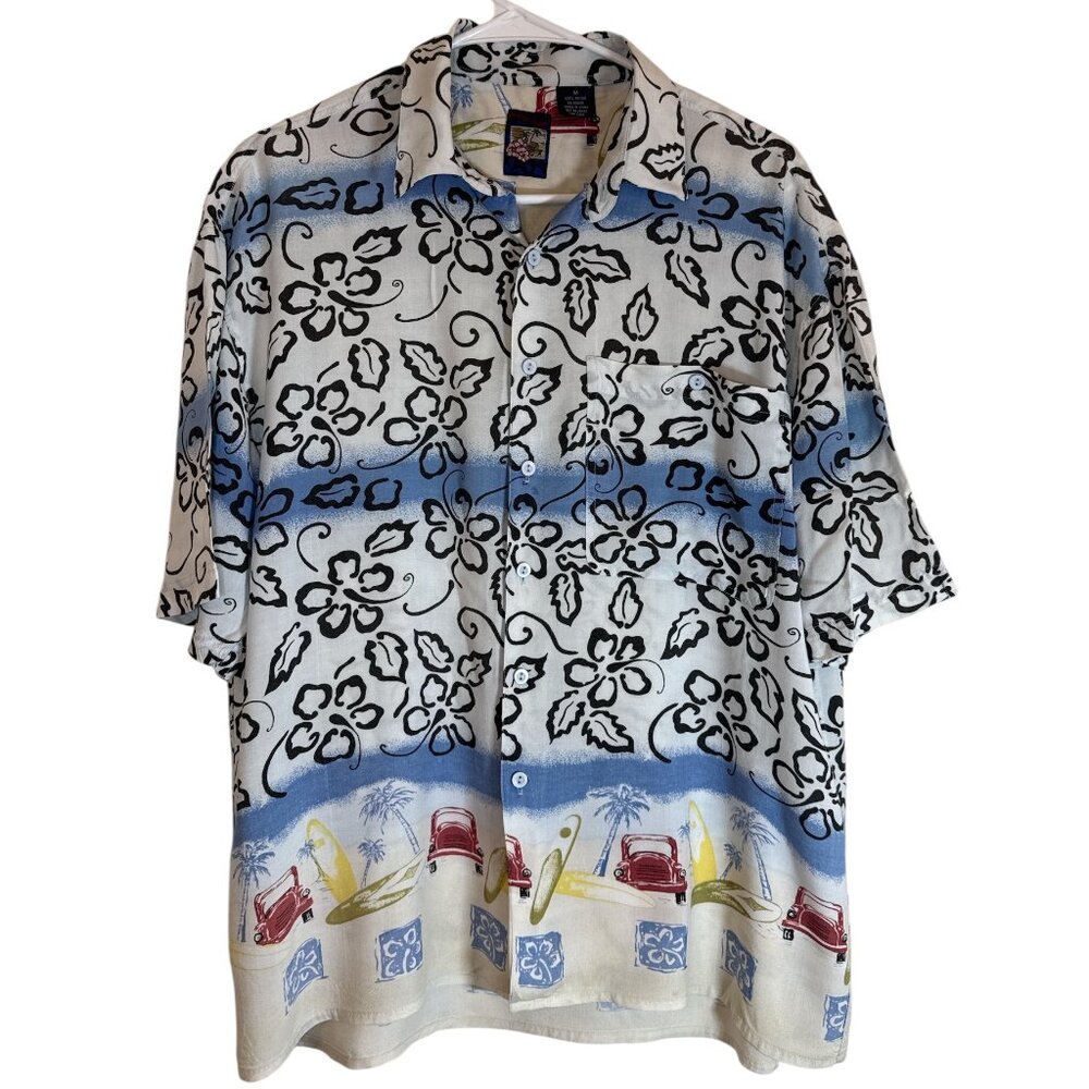 Montage Tropics Mens M Hawaiian Shirt Classic VTG Truck Surf Board Palm Trees
